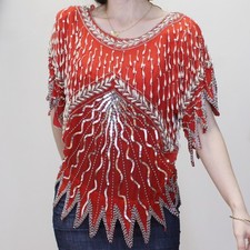 Vintage 80s Fiery Pure Silk Blouse with Heavy Dangling Beads Sequins