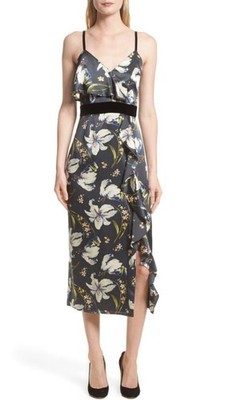 Cinq à Sept Leena Floral Print Silk Midi Dress with Velvet Trim