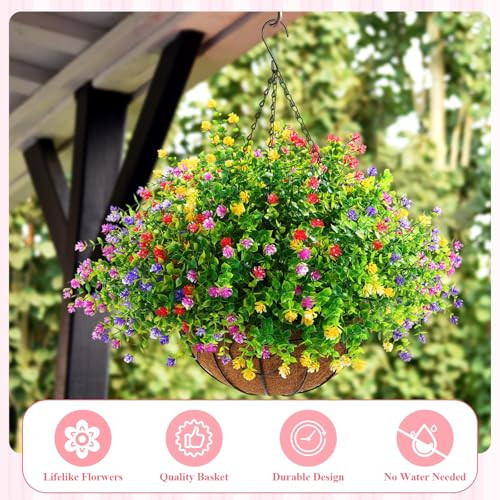 2 Pcs Artificial Hanging Flowers in Basket 12 inch Coconut Lining Baskets - Picture 5 of 7
