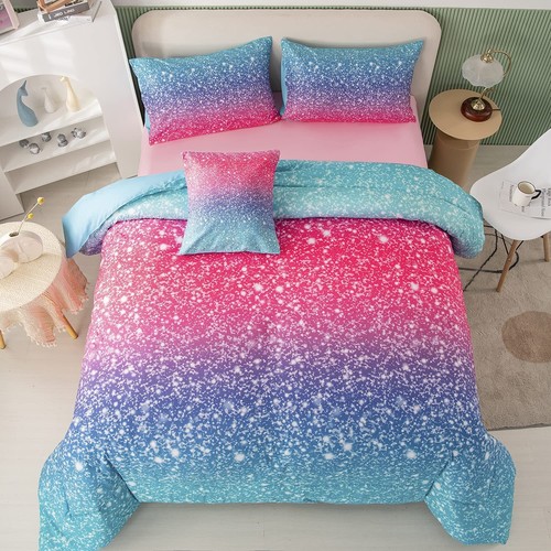 6Pcs Pink Full Size Comforter Sets for Girls Colorful Rainbow Glitter Bedding...