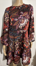 LOFT FOLK PAISLEY FIT FLARE MINI DRESS SHOULDER BUTTON FLOUNCE HEM 8 WOMEN'S