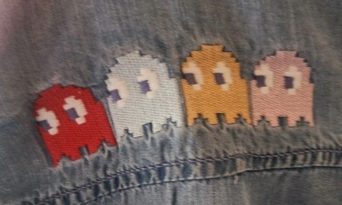 Justice Girls Pac Man Denim Shirt Blue Snap Short Sleeve Sz M (10) Ghost Gang - Picture 7 of 7