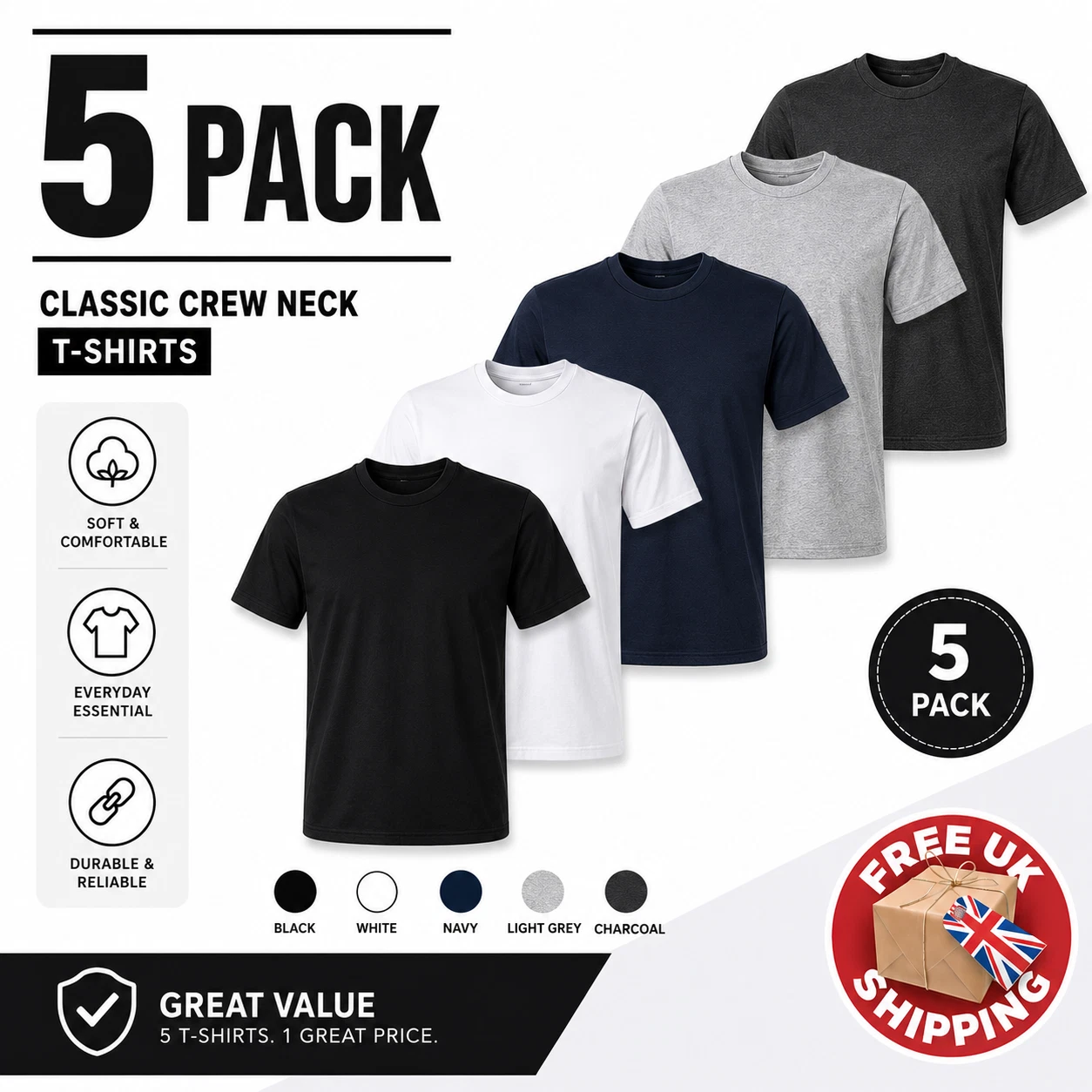 Men's T-Shirt 5 PACK Cotton Plain Short Sleeve Crew Neck T-shirt Regular Fit tee