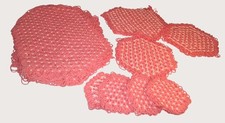 Vintage Handmade Crochet Table Set In Coral Pink Yarn Intricate Star Stitch Patt