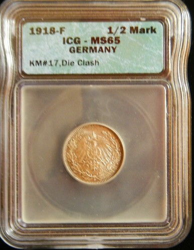 1918-F Germany Silver 1/2 Mark KM 17 -Die Clash-ICG MS 65 Gem BU-d3377ttnc
