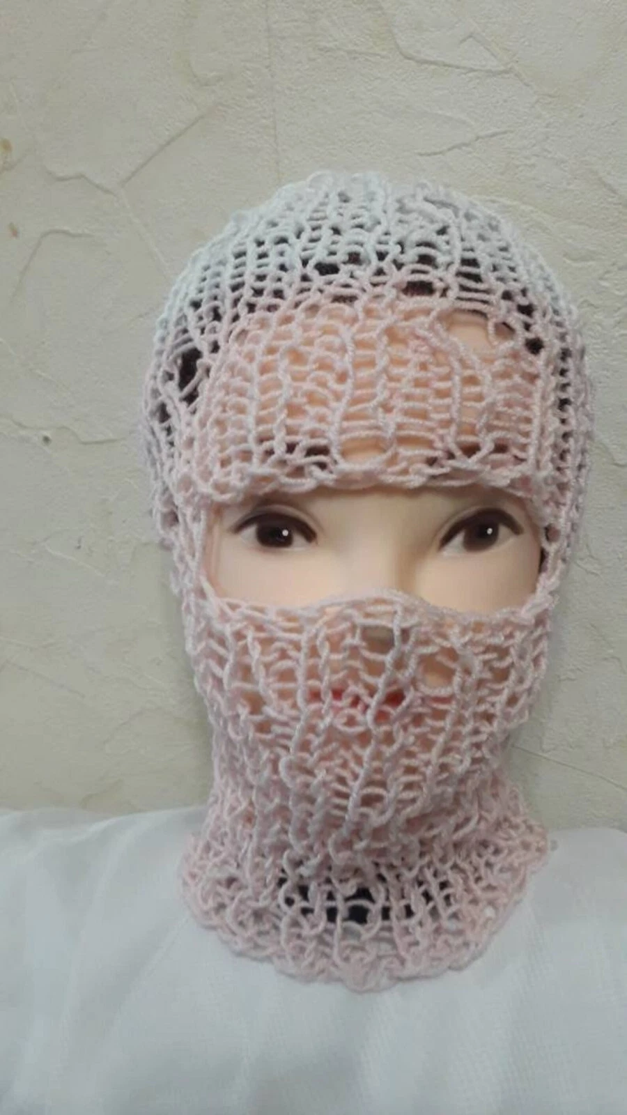 Handmade Knit Pink &White Balaclava Hood Hat Ski Mask Unisex Festival Hat