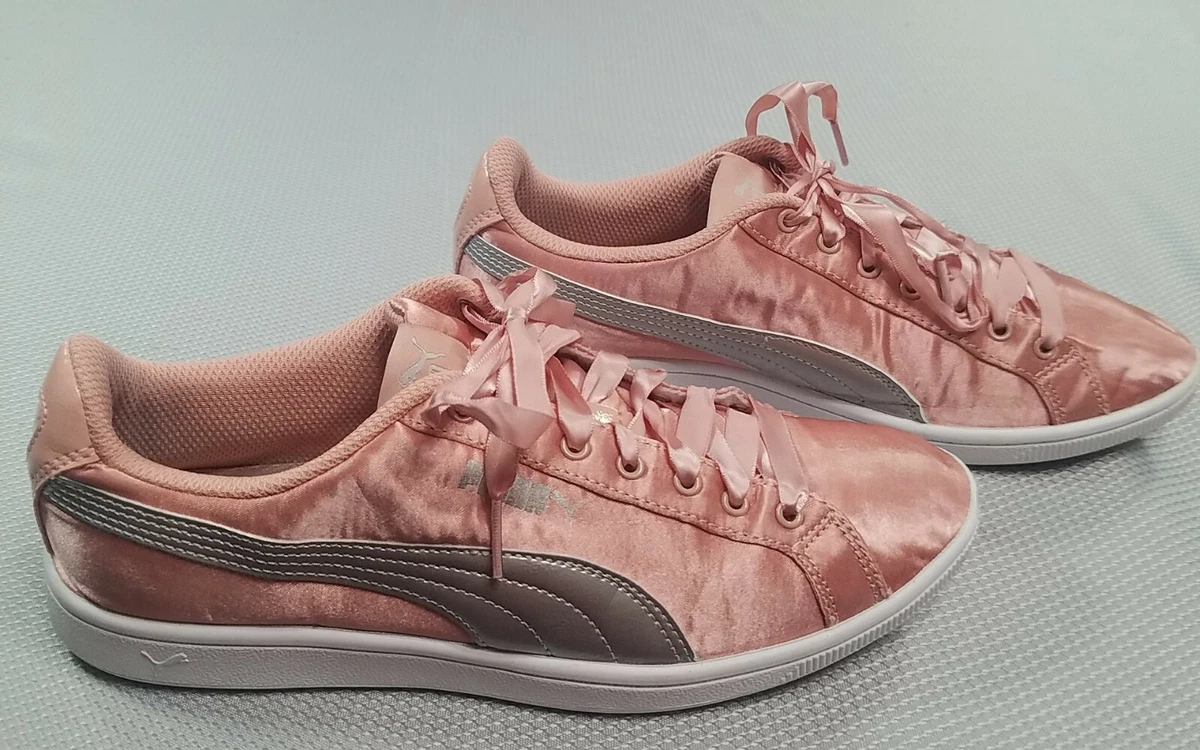 PUMA RARE Pink And Silver Satin/Silk and Leather Sneakers W/Silk Laces US 6