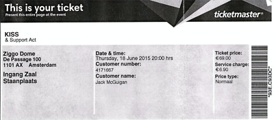 KISS ticket - 18 June 2015 tour. Amsterdam Ziggo Dome Actual gig ticket