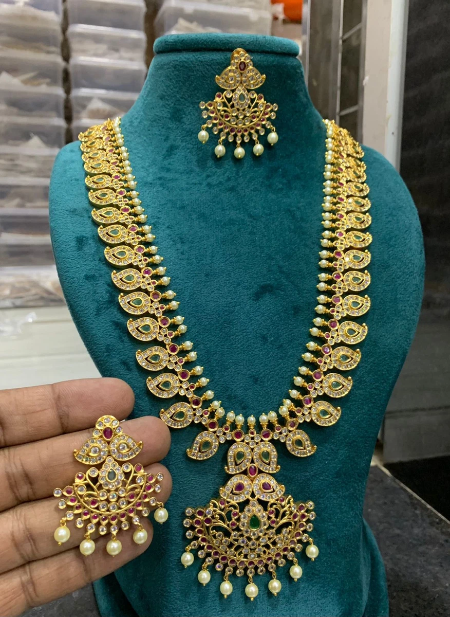 Indian Silver Plated Bollywood AD CZ Emerald Necklace Earrings Jewelry Set