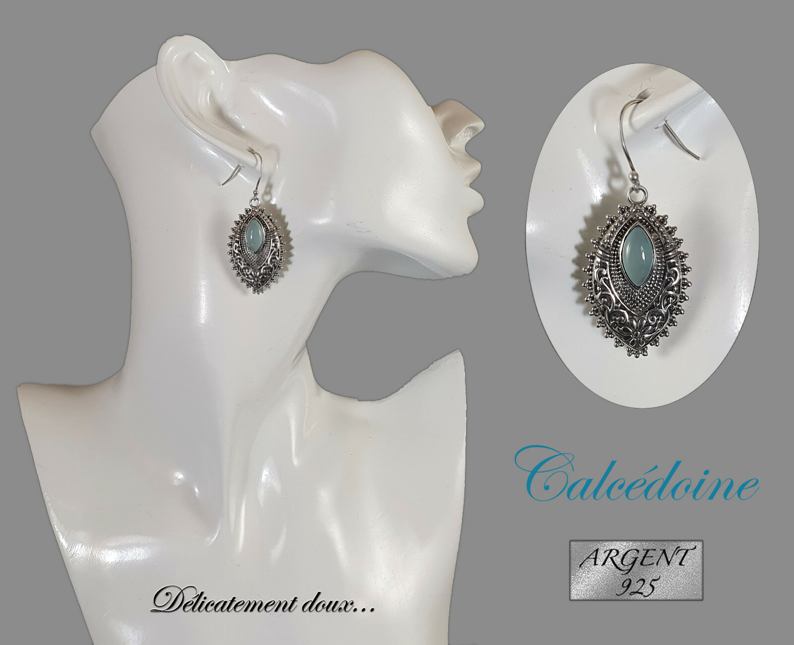 Boucles d'oreilles en Argent 925 et Calcédoine véritable de style intemporel