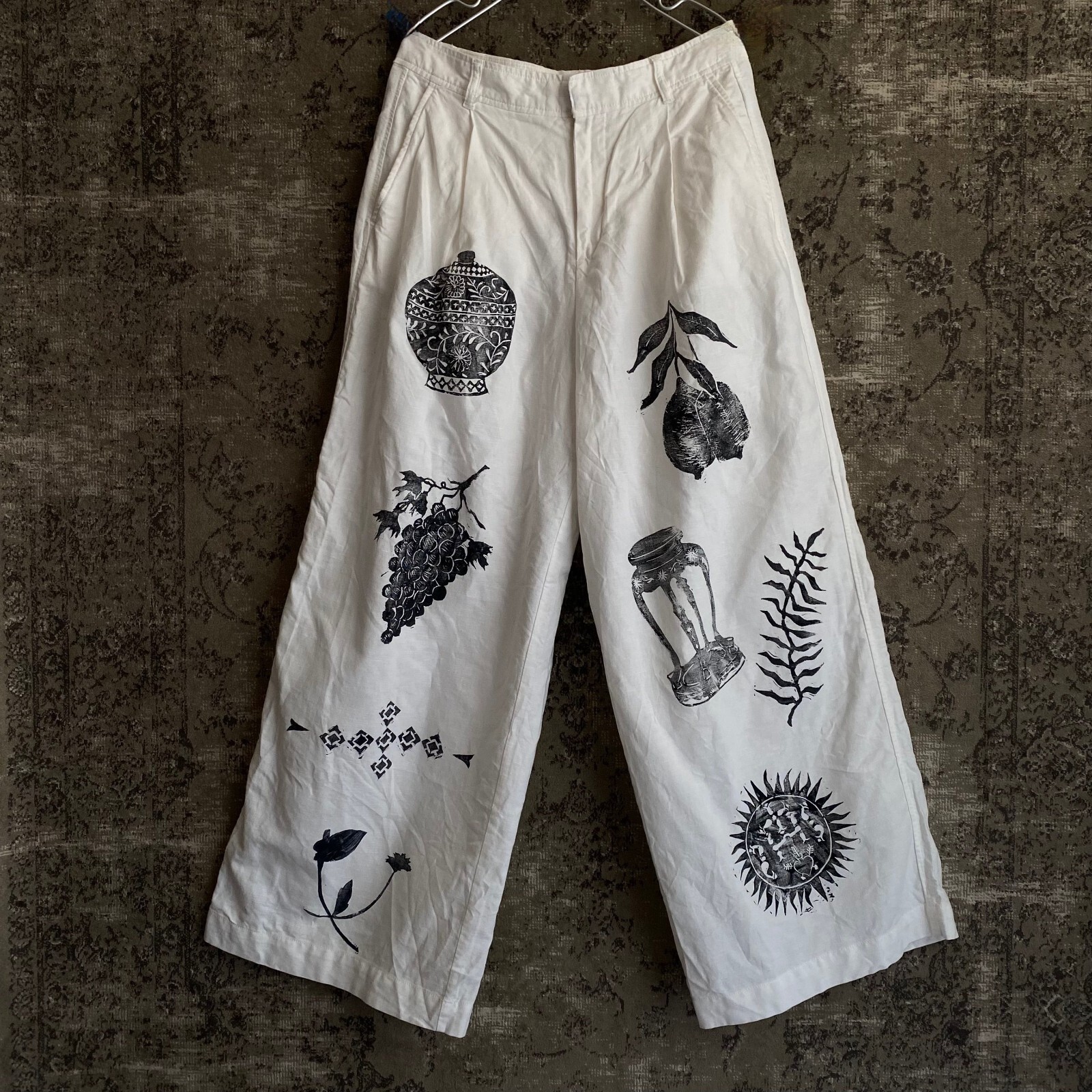 Mui Hand Block Printed Linen Cotton Wide-Leg Pants Unisex White Okinawa Design