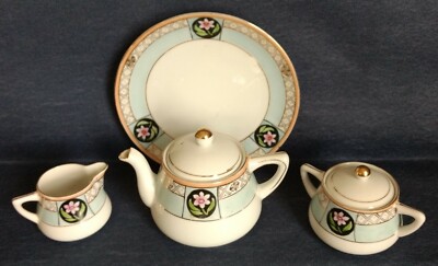 Antique Noritake ~ 6-PIECE CHILD'S TEA SERVICE ~ Japan ~ Green M in Wreath