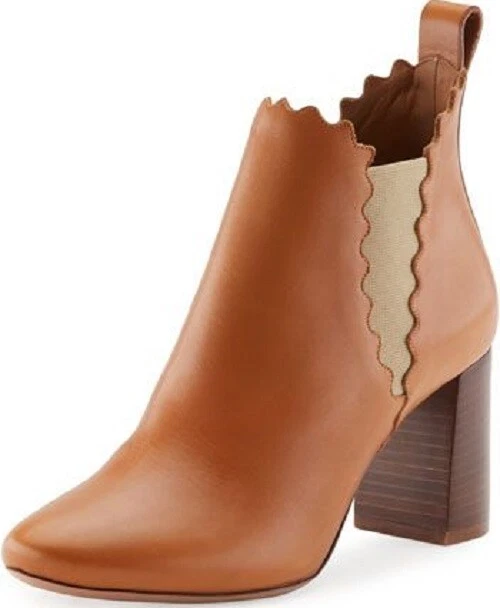 New CHLOE Lauren Scalloped Block Heel Ankle Boot Bootie Italy Size