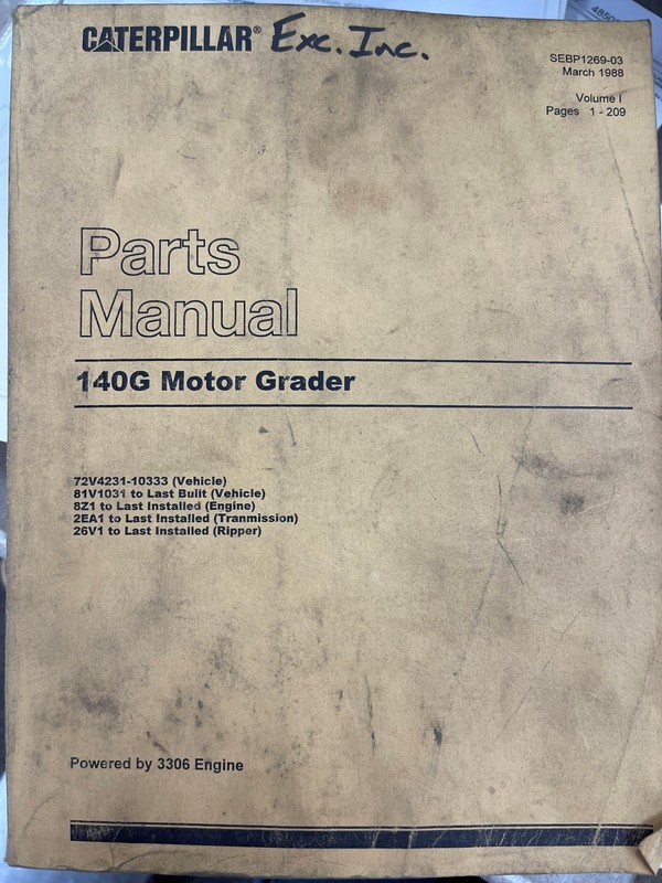CAT Caterpillar 140G Motor Grader Parts Manual SET Volumes 1 & 2