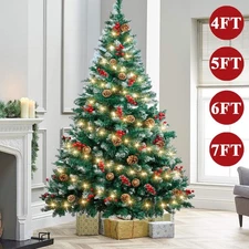 4-7ft Christmas Xmas Tree Berries Pine Cone Artificial Snowy Tips w/ LED Lights