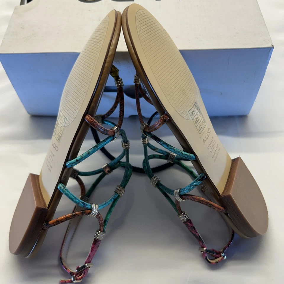 ALDO Snake Print Multi Color Strappy Flat Gold Accents Women SZ 5 New in Box - Image 3 of 4