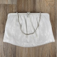 Ande Vintage Silver Metallic Evening Clutch Rhinestone Clasp Snake Chain Bag