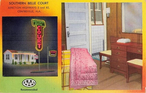 Postcard Centreville, Alabama: Southern Belle Court Motel | Vintage Neon Sign