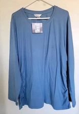 Cj Banks Blouse Women 3X Plus Blue long Sleeve Round Neck Side ruched NEW