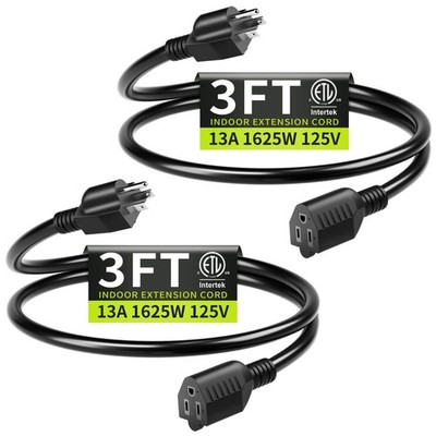 3FT 2Pack 13A 125V 1625W ETL Listed, 16/3 Indoor Extension Cord Black, Short ...