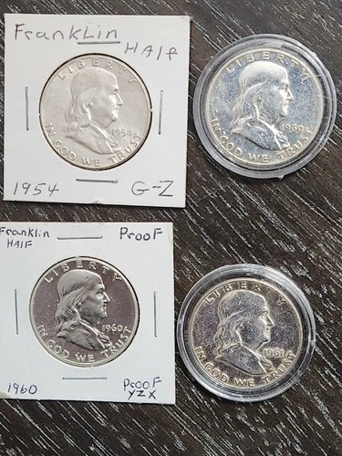 4 Franklin Silver Half Dollars 90% Silver Lot – 1954 1960 1961 1960 Proof