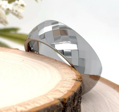 Christmas Band 8mm Silver Tungsten Carbide Ring Polished Multi Faceted Design