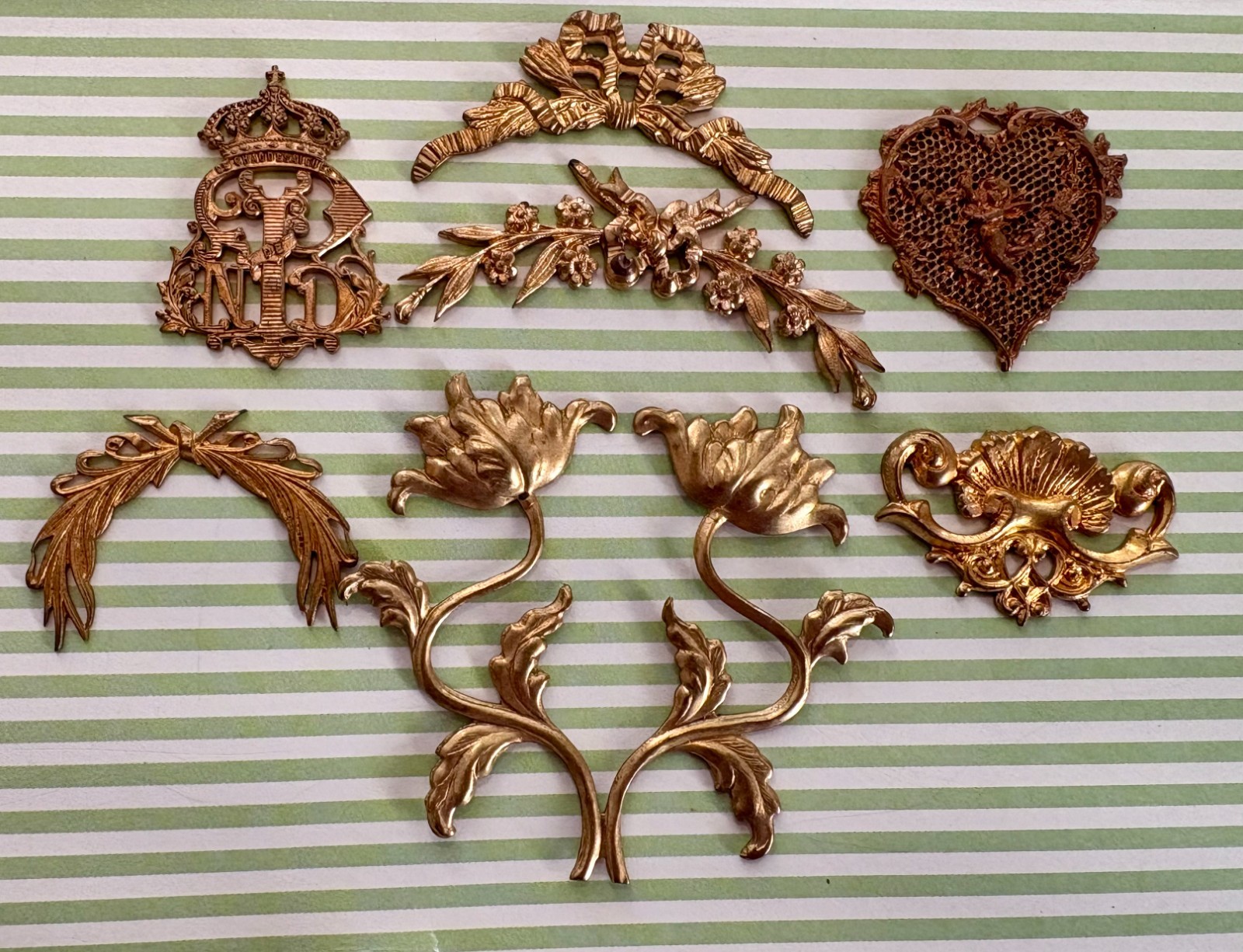 ~7 Vintage Brass Ormolu Embellishments Findings~French Crest Chaudes Aigues~Mono