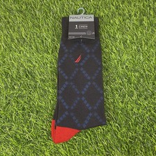 NAUTICA DRESS CREW SOCKS MEN DARK BLUE ARGYLE RED SAIL SZ 10-13 SHOE SZ 6-12.5
