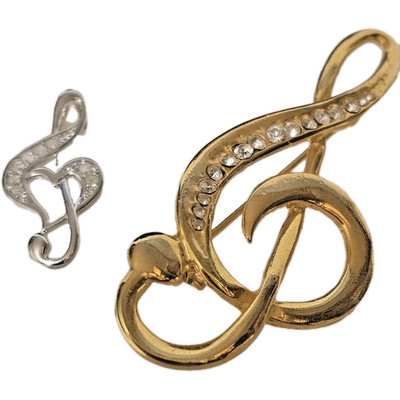 Treble Clef Jewelry-Silver Plate 1'' Pendant Incorporated Heart, Gold Tone Brooch