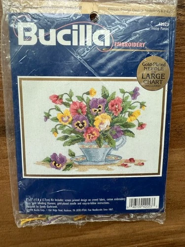 Vintage Bucilla Teacup Pansies Embroidery Kit 42023 Size 7” x 5” New