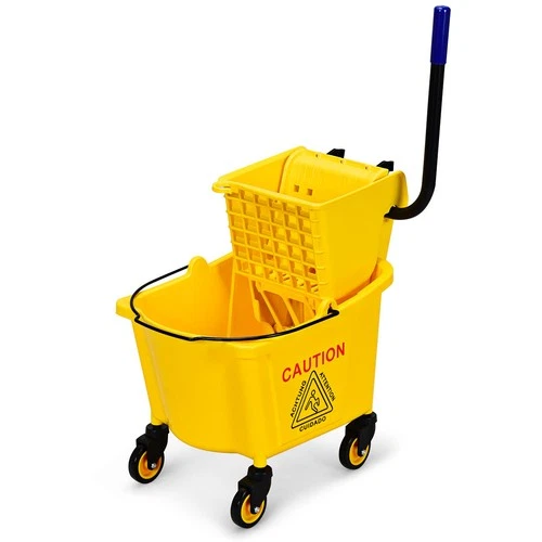 Commercial Mop Bucket Side Press Wringer on Wheels Cleaning 26 Quart Yellow