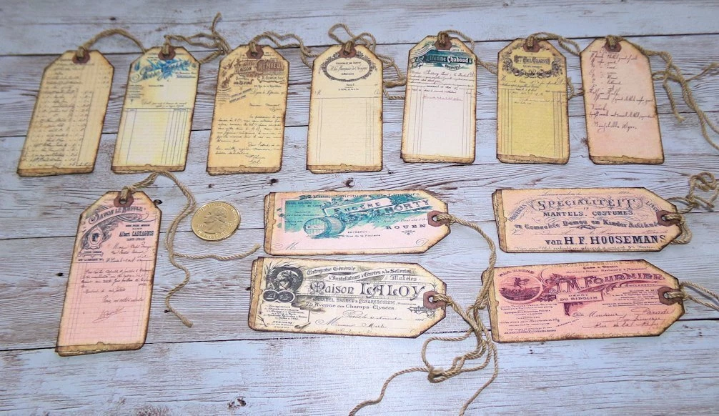 12~Vintage~Ephemera~French~Junk Journal~Linen Cardstock~Gift~Hang~Tags |  eBay