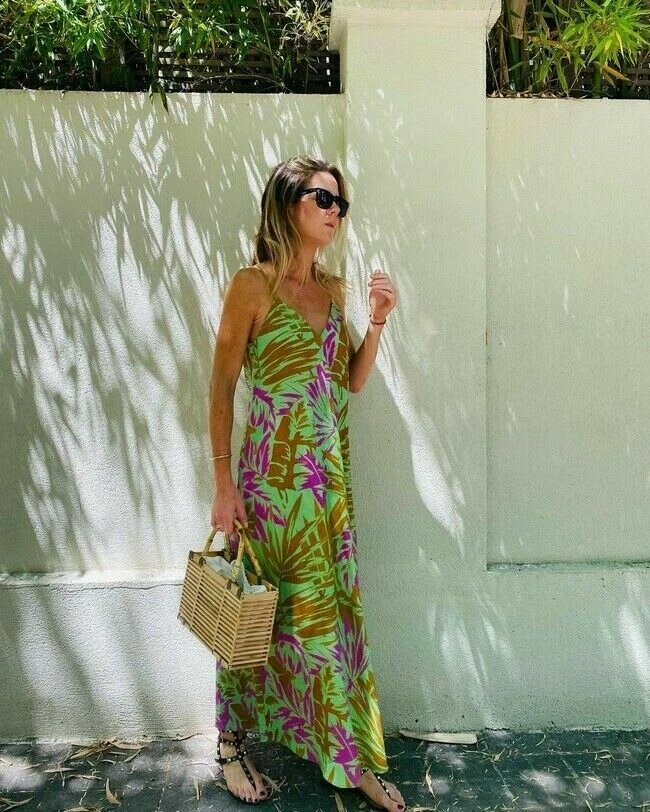 Pink dress with green cheap leaves