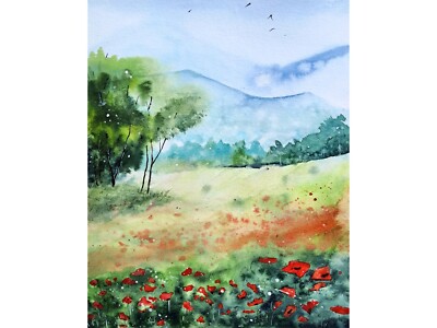 Red Poppies Watercolor Utah Original Art Poppy Field Landscape Wildflowers Art