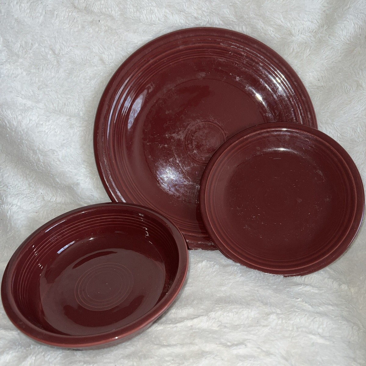 3pc FIESTAWARE CLARET/MAROON WINE 1-DINNER PLATE SALAD PLATE, BOWL  FIESTAWARE