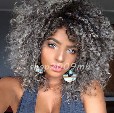 Long Afro Curly Hair Full Synthetic Ombre Grey Brown Wigs Two Tone