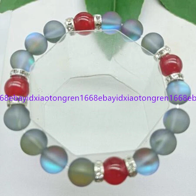 VALENTINO Bracciale 10 mm grigio lucido arcobaleno pietra di luna e giada rossa gemme rotonde perline 7 5 pollici
