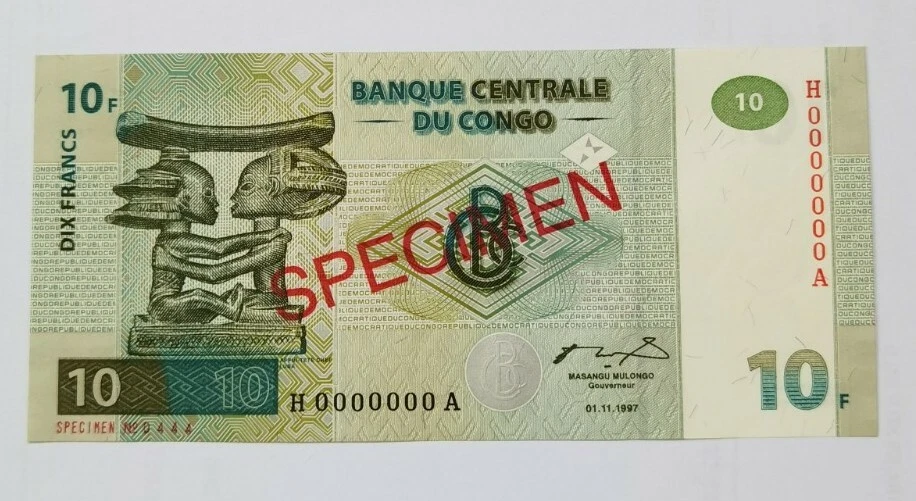 1997 CONGO DEMOCRATIC REPUBLIC 10 FRANCS "SPECIMEN" GEM UNC [P-87s]  - Image 2 of 4