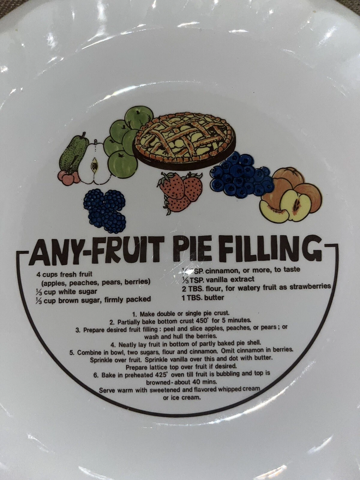 Vintage Any-Fruit Pie Filling w/ Pie Recipe 10" Baking Dish/Plate Made In Korea
