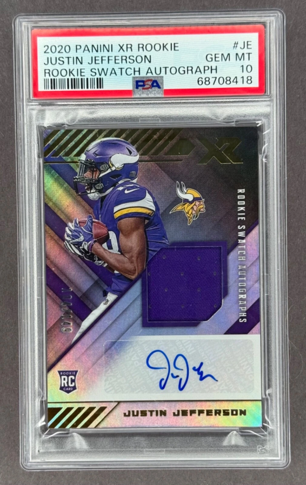 Justin Jefferson Panini XR Rookie Swatch Autographs #RSAJE Orange