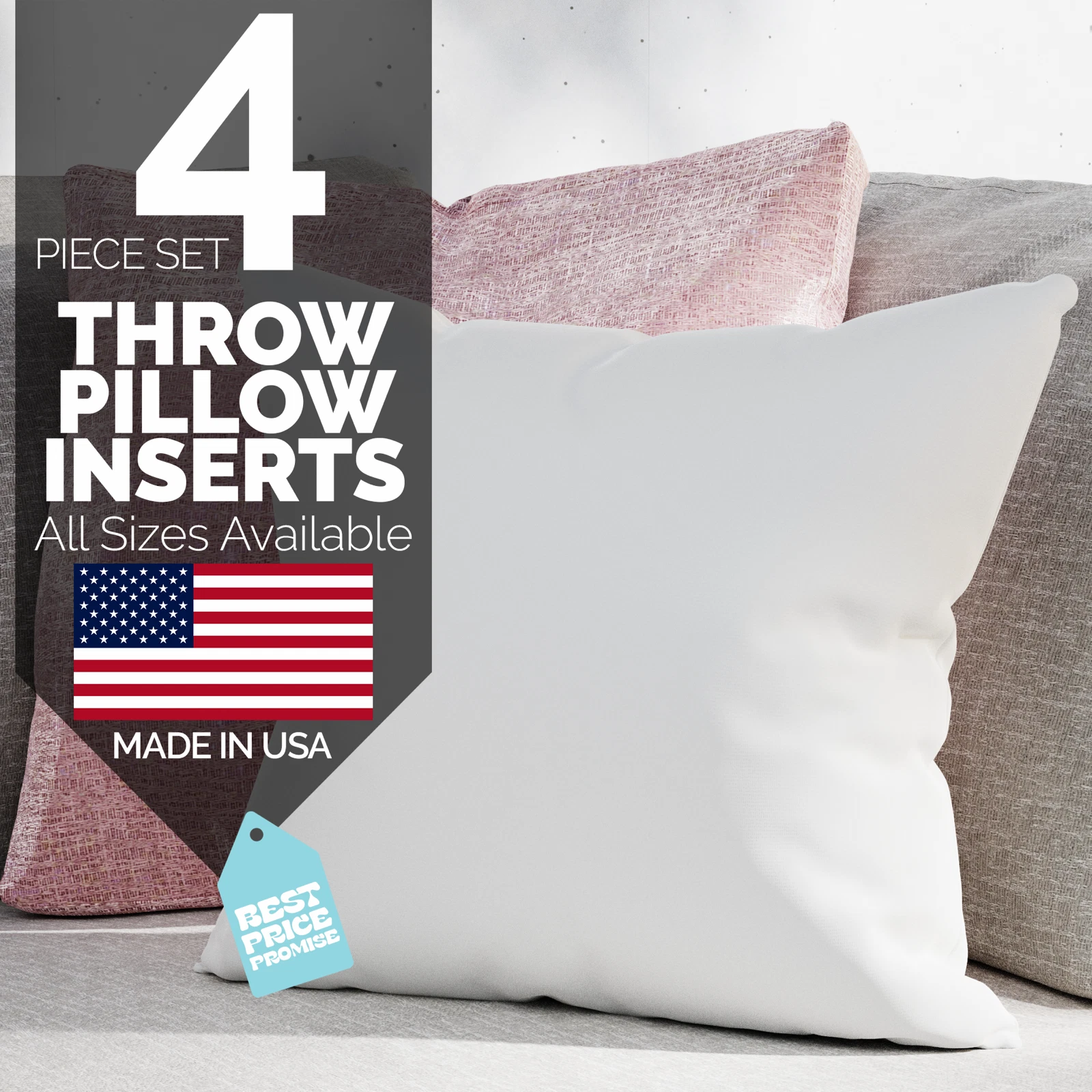 Throw Pillow Insert Square Euro Pillow Stuffing Made in USA Form Insert Set of 4