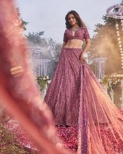 New Designer Chinnon Silk Lehenga Choli With Pink Dupatta For Women Girls Wear