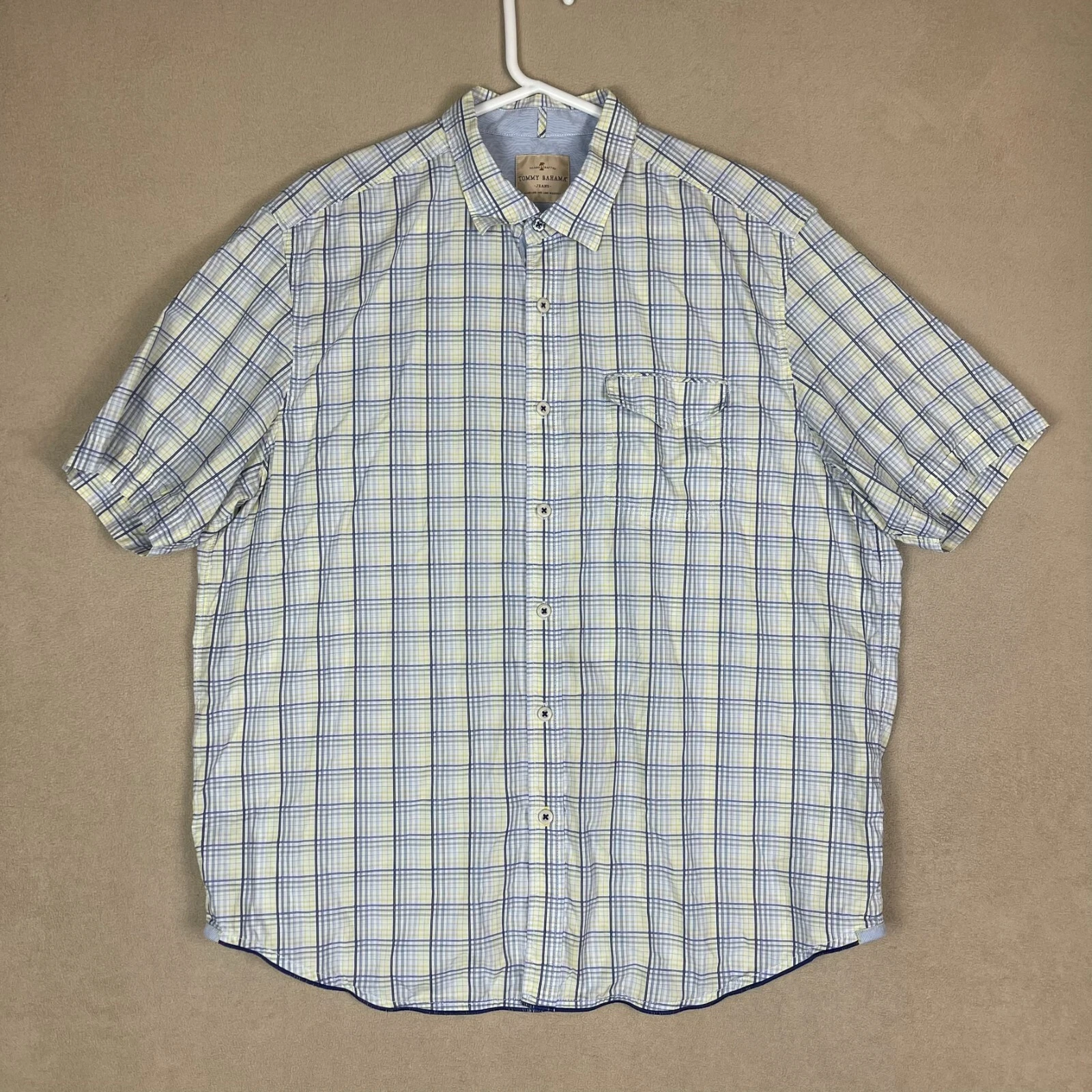 Tommy Bahama Shirt Adult 2XL Blue/Yellow Plaid Short Sleeve Island Crafter Mens