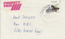 Priority Paid cover 1984 from Port Hedland Western Australia $1 butterfly solo