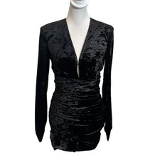 ZARA Mini Dress Size XS Velvet Black V-Neck Ruched Sheath Shoulder Pads Women's