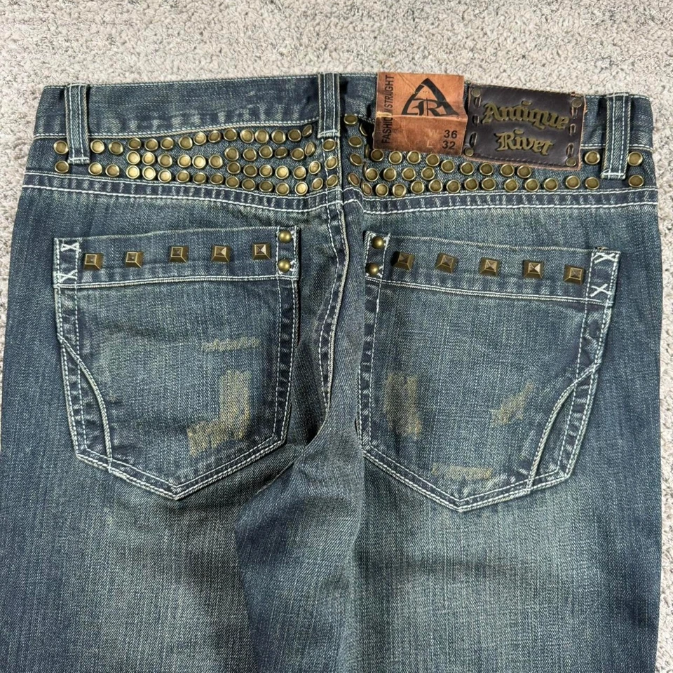 Pantalones de mezclilla patinador con tachuelas adornados bota recta grunge remache antiguos nuevos con etiquetas Foto 3 de 4