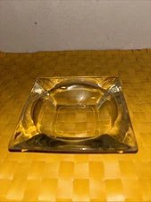 Vintage 4.75”Square Thick Clear Glass Cigarette/Cigar Ashtray w/ 4 Rests