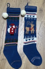 Vintage Christmas Stockings Pair Blue Fair Isle Santa Reindeer Candy Cane Set