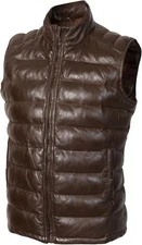 Men's Real Lambskin Leather Puffer Vest Quilted Puffer Down Jacket Waistcoat