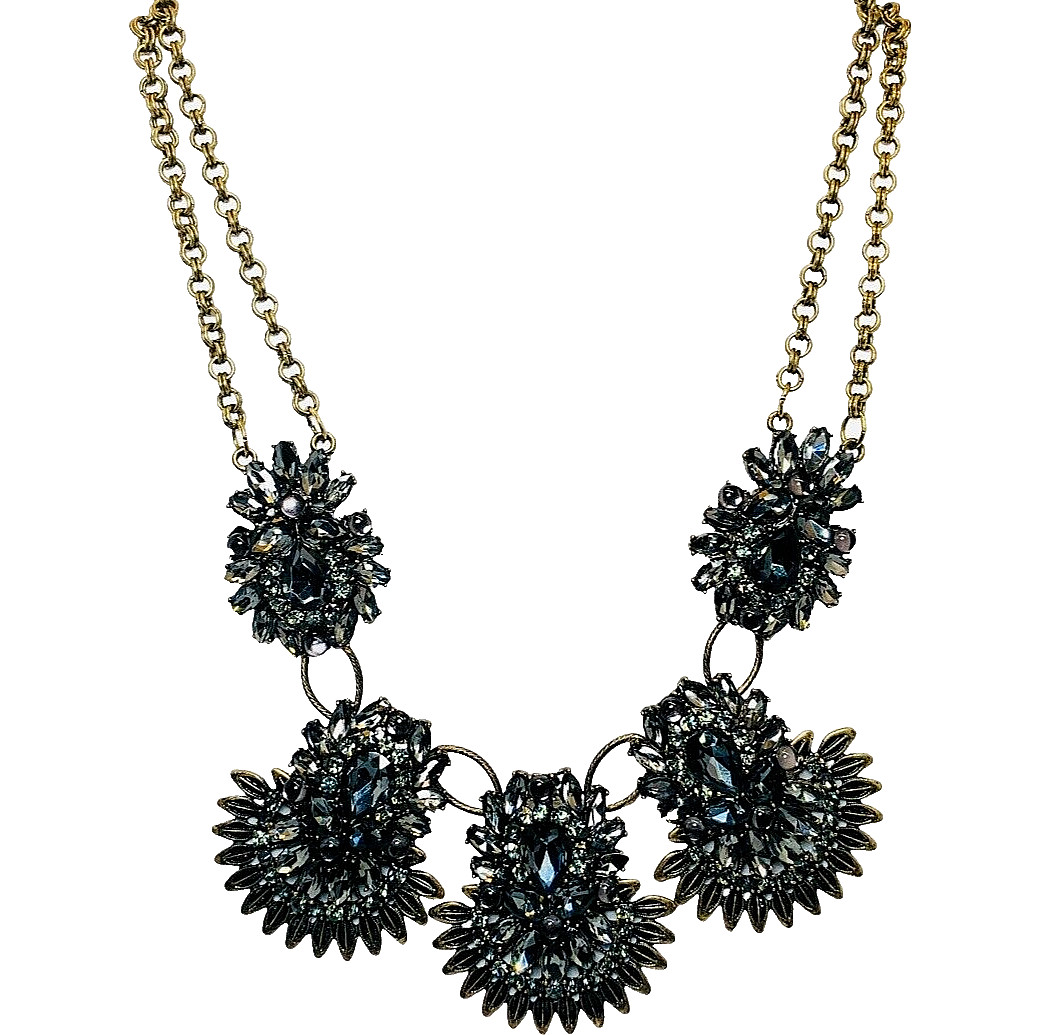 Gray Rhinestone Necklace Flower Statement  22” Go… - image 1